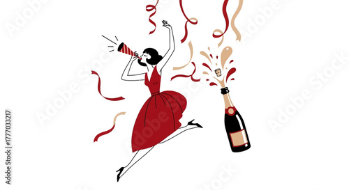 Woman in red dress celebrating with a party horn and champagne bottle popping, streamers falling.