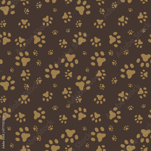 Seamless paw print pattern with brown animal footprints on a beige background. Cute and playful rapport design perfect for pet fabrics, wallpapers, gift wrap, or children’s products.