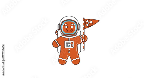 A gingerbread man wearing an astronaut suit holds a flag with a radiation symbol, set against a white background.
