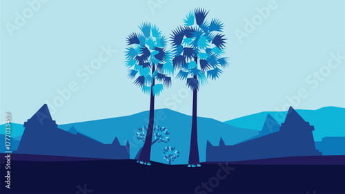 Stylized vector illustration of the Wat Phu temple and surrounding landscape in Champasak, Laos. Features a layered silhouette effect and prominent palm trees in a monotone blue color scheme. EPS file