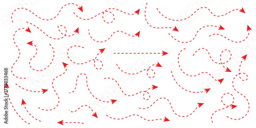 Clean dot style hand drawn doodle arrows set. Clean dot arrows style doodle set hand drawn. Curve Dotted line, preliminary. isolated on white background vector collection