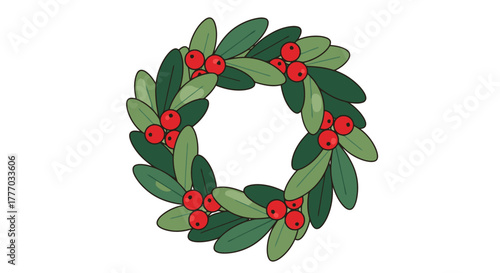 Hand Drawn Christmas Wreath with Red Berries and Green Leaves Isolated on White Background Festive Holiday Decoration