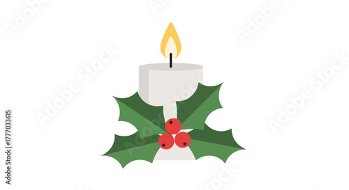 Festive White Candle with Holly and Berries Christmas Holiday Illustration