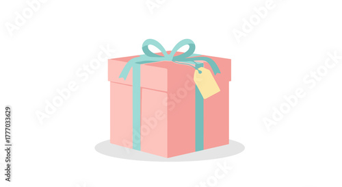 Charming Pink Gift Box with Teal Ribbon and Blank Tag Isolated on White Background Perfect for Celebrations Presents and Special Occasions