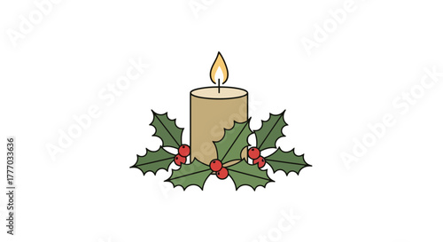 Festive Christmas Candle Surrounded by Holly and Berries Symbol of Holiday Cheer and Warmth