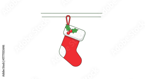Traditional Red Christmas Stocking Decorated with Holly Berries Hanging by Loop on White Background Festive Holiday Decoration Illustration