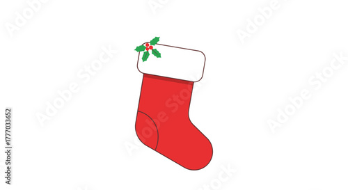 Classic Red Christmas Stocking with Holly Decoration Isolated on White Festive Holiday Icon for Gifts and Santa Claus