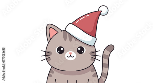 Cute Cartoon Gray Tabby Cat Wearing a Red Santa Hat Adorable Holiday Pet Illustration