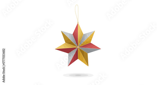 Festive Origami Star Ornament with Red Gold and Silver Panels Hanging Isolated on White Background Holiday Decoration Concept