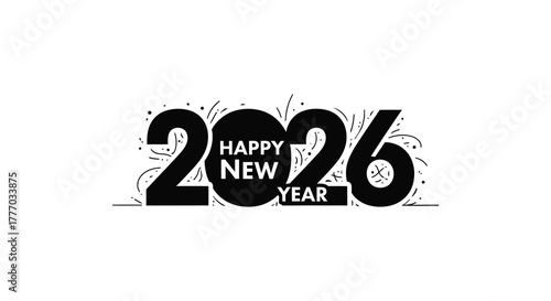 Happy new year 2026 celebration with festive confetti and bold typography on a white background