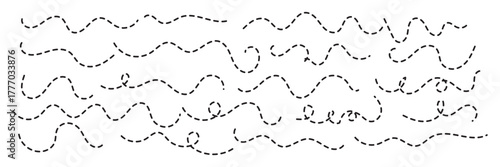 Hand drawn squiggle line. Trip dashed trace destination track path line collection. Long dashed spiral wavy line. Curve dotted line. Border design, traveling symbol, divider element