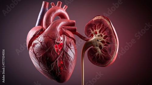 Realistic 3d render of a human heart and kidney side by side