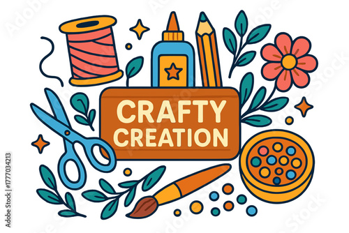 Craft supplies including scissors, glue, thread, and paintbrushes crafty creation
