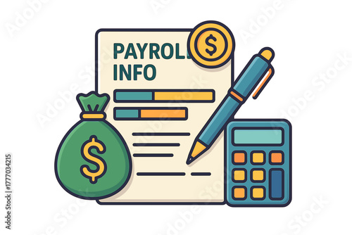 Payroll information document with calculator and money bag illustration -  