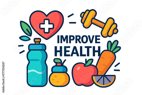Health improvement graphic with fruits, vegetables, and fitness elements improve health