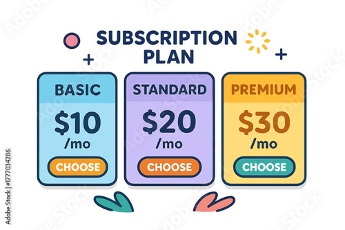 Subscription plan options with basic, standard, and premium pricing  