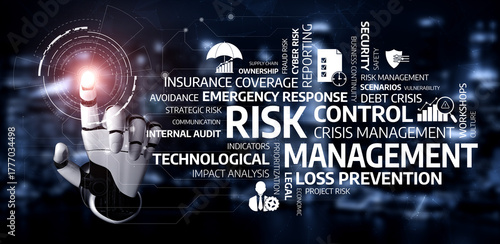 Fotografia Abstract representation of risk management with a futuristic hand pointer and strategic elements, highlighting the importance of crisis control and data analysis in decision-making