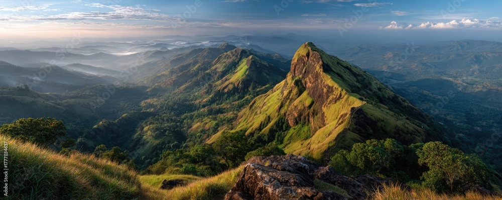 Obraz premium Breathtaking sunrise over green mountains showcasing vibrant colors concept. Stunning mountain view with lush greenery and dramatic lighting.