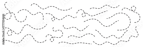 Hand drawn dotted line element set. Curved and twisted dashed paths. Wavy dashed curvy line, loopy squiggle path, decorative wave border, dotted line divider, seamless vector illustration. EPS 10