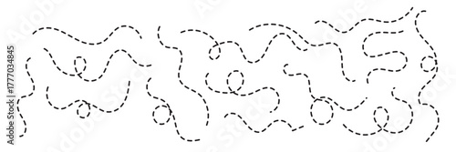 Abstract wavy squiggle dashed line collection. Dotted spiral curve line. Transport dot paths lines. Thin line abstract doted swirl path. Minimal squiggle divider, loopy line vector icon isolated.