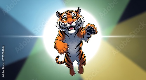Cartoon Tiger Cub Jumping Forward in Bright Colorful Scene