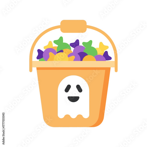 A cute orange Halloween bucket filled with colorful candies and featuring a friendly ghost design.