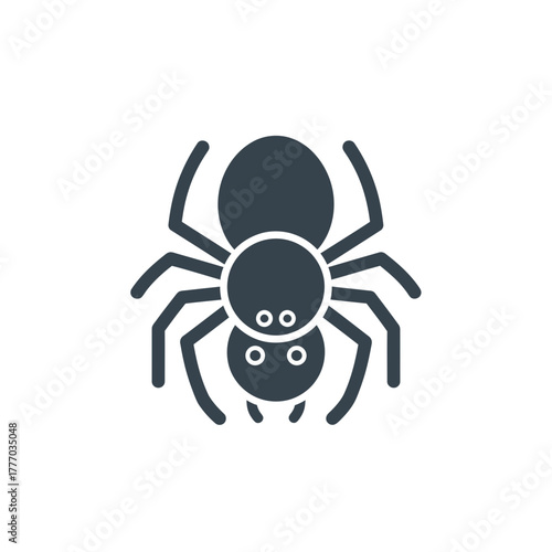A simple black silhouette icon of a spider with eight legs, viewed from above on a white background.