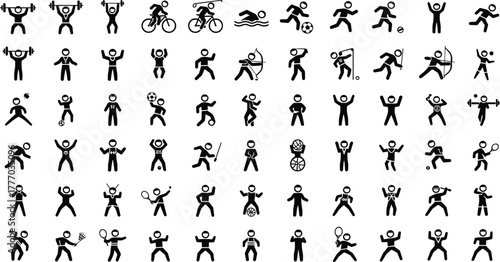 Black sport icon set, stick figure athletes, vector sports symbols, physical activity graphics, fitness pictograms, Olympic disciplines, minimal design, motion