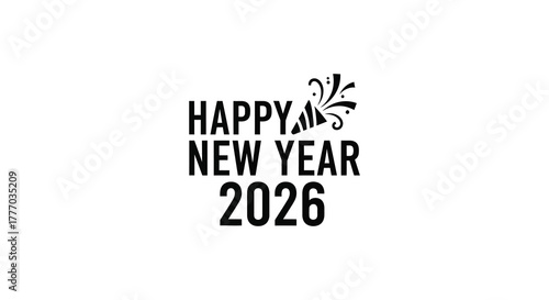 Elegant black and white typography celebrating happy new year 2026 with decorative flourish