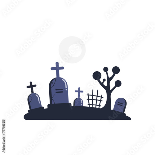 Cartoon graveyard scene with tombstones, a tree, and a fence.