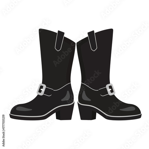 Illustration of a pair of black cowboy boots with buckles.