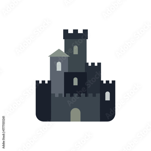 Dark grey medieval castle icon with towers and battlements isolated on a white background.