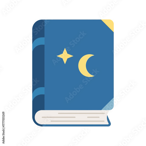 A blue storybook or spellbook with a yellow crescent moon and star on the cover, isolated on a white background.