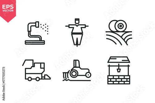 Set of line icons related to garden tools, scarecrow, hay bale, combine harvester, water hole, cultivator. Outline icons collection. Editable stroke. Vector illustration.