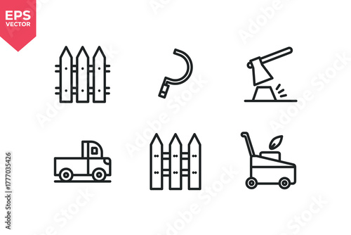 Set of line icons related to fences, harvest, cut firewood, lawn mower. Outline icons collection. Editable stroke. Vector illustration.