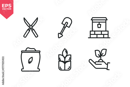 Set of line icons related to pruning shears, digging tools, water hole, fertilizer, plants. Outline icons collection. Editable stroke. Vector illustration.
