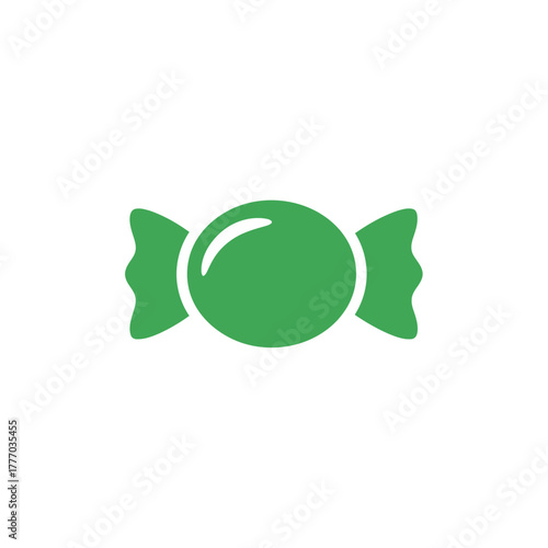 Simple green wrapped candy icon on a white background, representing a sweet treat or confectionery item.