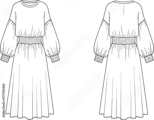 CAD Drawing Flat Vector Illustration of Midi Dress with Puffed Sleeves, Elastic Waistband, Dropped Shoulder, and Flowing A-Line Skirt