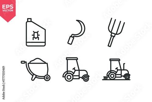 Set of line icons related to hay fork, sickle, insecticide, wheelbarrow, tractor, cultivator. Outline icons collection. Editable stroke. Vector illustration.