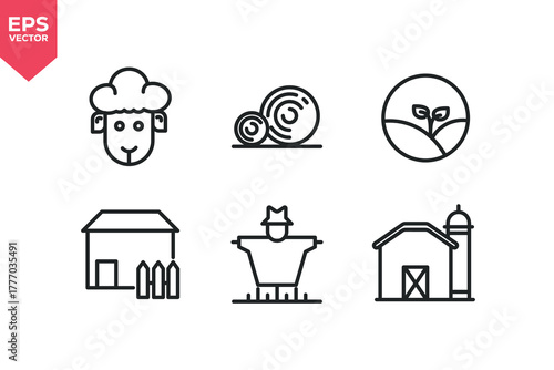 Set of line icons related to agriculture, sheep, hay bale, farm house, barns, scarecrow. Outline icons collection. Editable stroke. Vector illustration.
