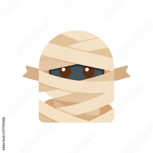 A cute cartoon mummy head wrapped in beige bandages with only its eyes showing, isolated on a white background.