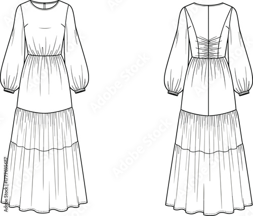 CAD Drawing Flat Vector Illustration of Long Dress with Tiered Skirt, Puffed Sleeves, Gathered Bust, and Lace-Up Corset Back