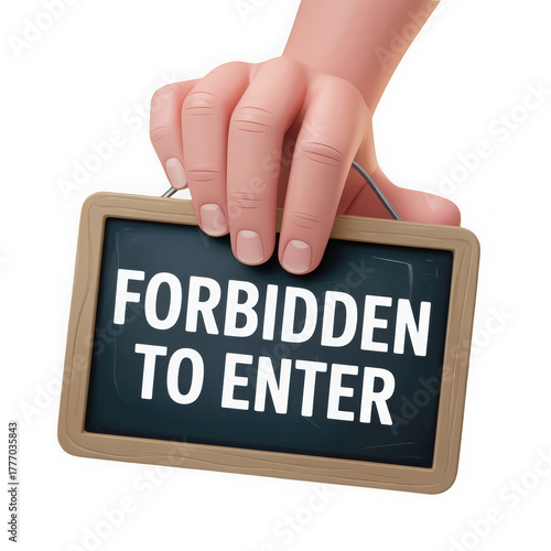 Hand holding a sign that says forbidden to enter cartoon style illustration isolated on white background