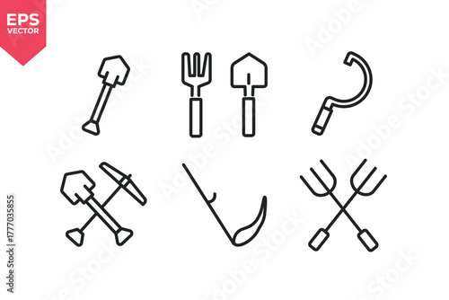 Set of line icons related to shovel, fork & trowel, digging tools, sickle and hay fork. Outline icons collection. Editable stroke. Vector illustration