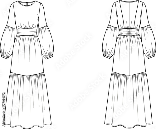 CAD Drawing Flat Vector Illustration of Long Dress with Tiered Skirt, Wide Waistband, Puffed Sleeves, and Deep V-Back Neckline