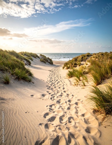 Fototapeta Naklejka Na Ścianę i Meble -  Sandy path leads to the sunlit sea, framed by dunes and grasses