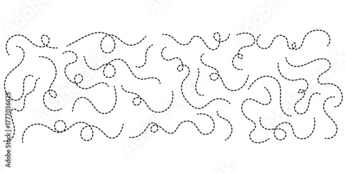Dashed hand drawn squiggle loopy line vector. Dotted spiral curve line. Hand Sketched Curly Border. Abstract long squiggle dashed. Abstract Hand-Drawn Dotted Line Collection. EPS 10.