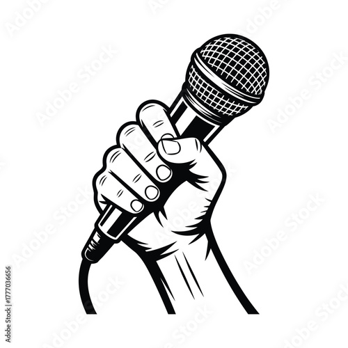 Raised Hand Holding a Microphone Vector Illustration for Music and Voice.