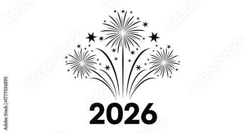 Stylized black and white illustration of fireworks celebrating the arrival of the year 2026 with stars