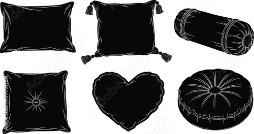 Black pillow vector set, decorative cushions and shapes, heart, round and square pillow designs for home decor and bedroom styling